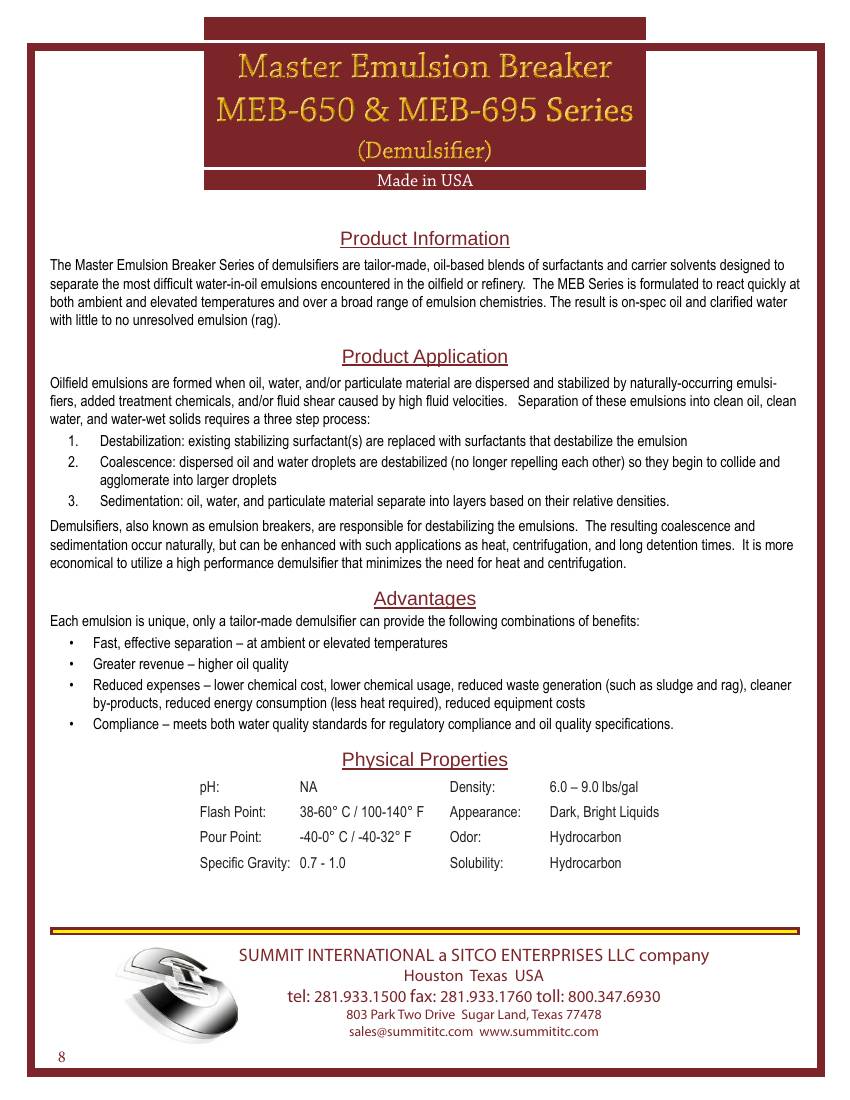 Master Emulsion Breaker MEB-650 & MEB-695 catalog spec sheet