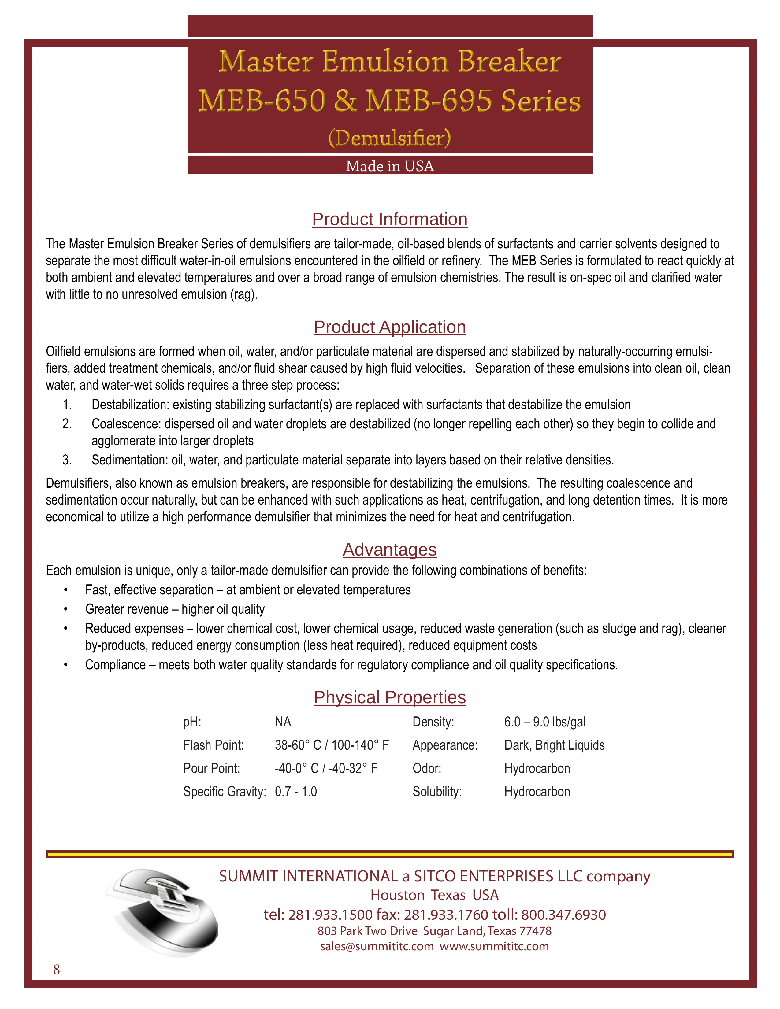 Master Emulsion Breaker MEB-650 & MEB-695 catalog spec sheet
