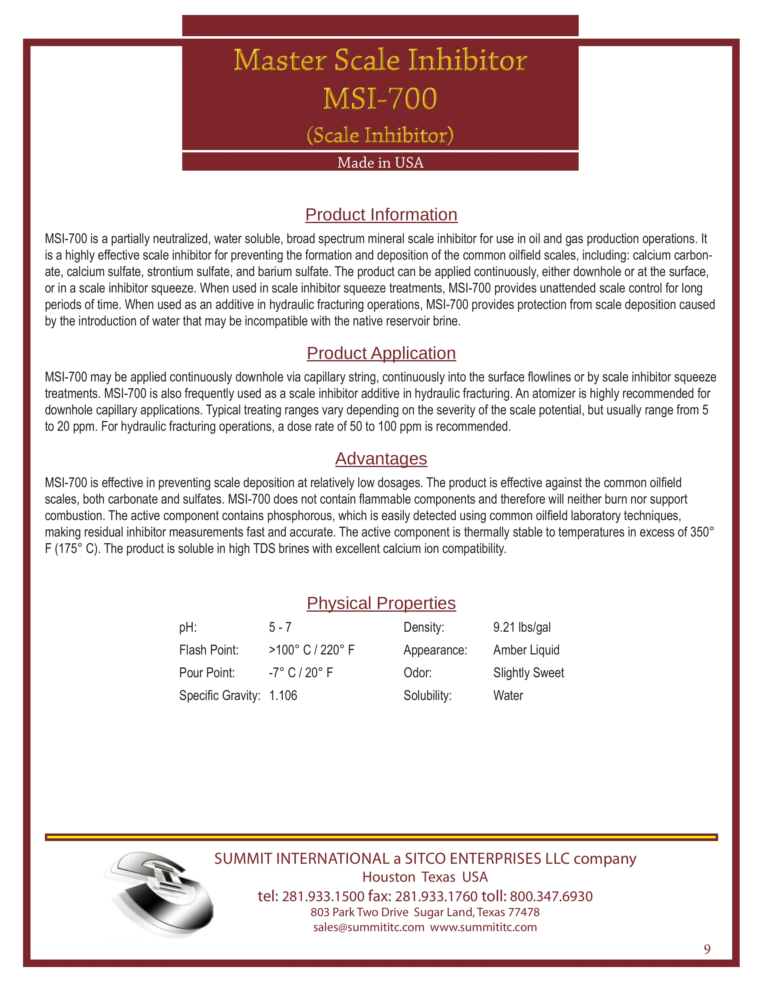 Master Scale Inhibitor MSI-700 catalog spec sheet