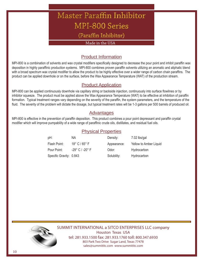 Master Paraffin Inhibitor MPI-800 catalog spec sheet