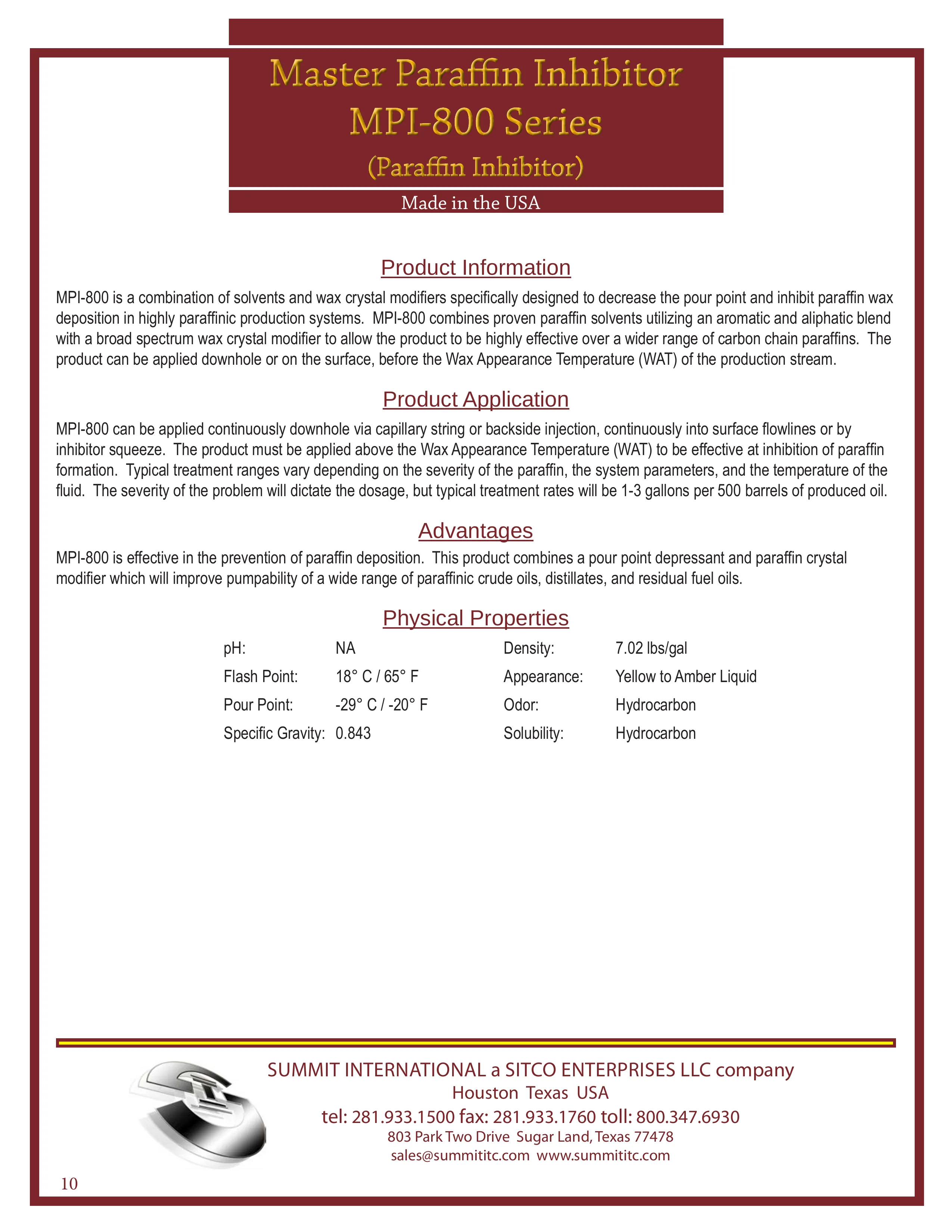 Master Paraffin Inhibitor MPI-800 catalog spec sheet