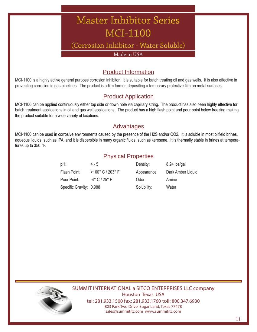 Master Corrosion Inhibitor — Water Soluble MCI-1100 catalog spec sheet