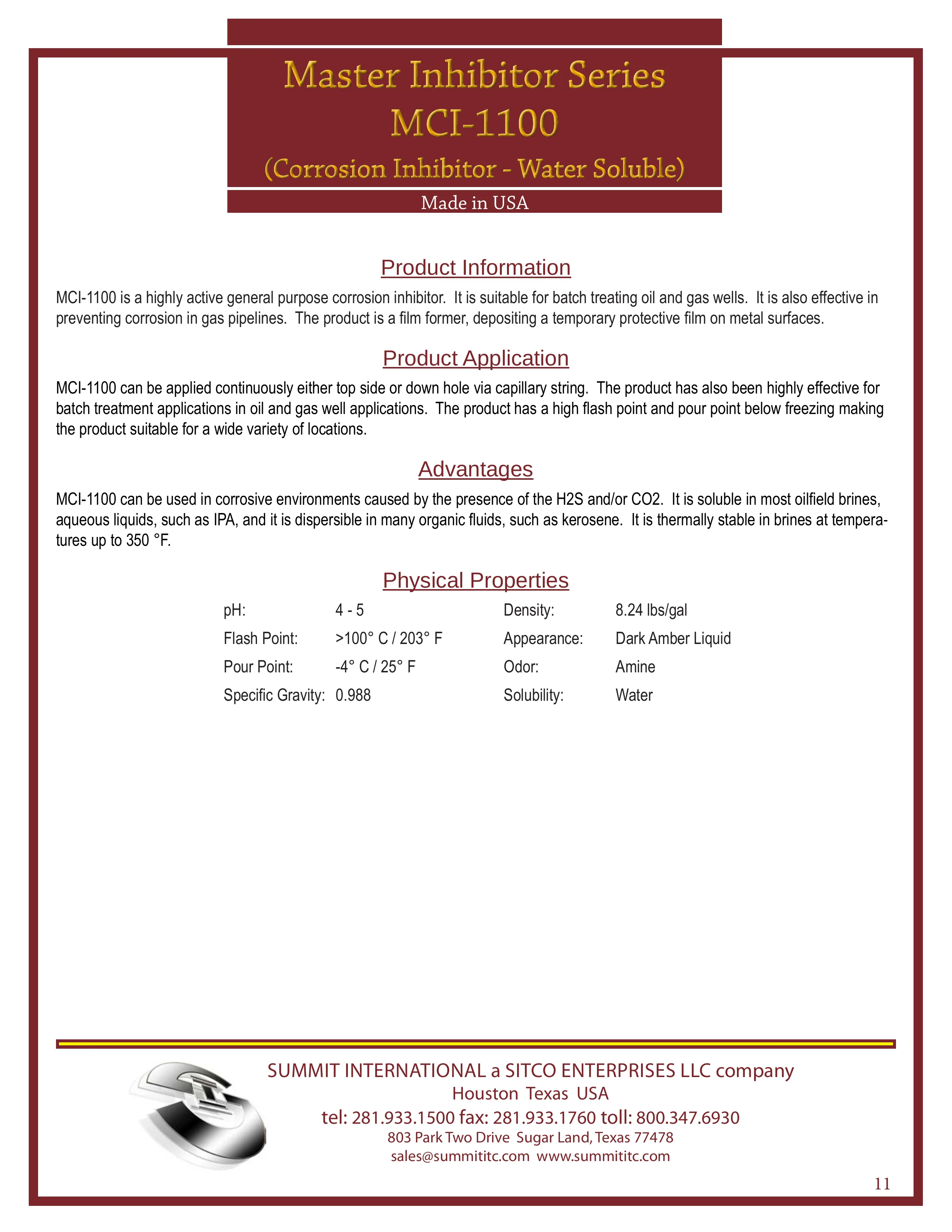 Master Corrosion Inhibitor — Water Soluble MCI-1100 catalog spec sheet