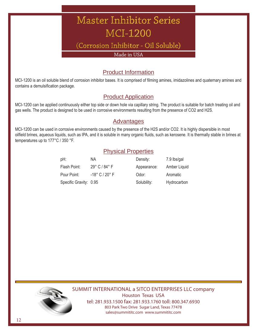 Master Corrosion Inhibitor — Oil Soluble MCI-1200 catalog spec sheet