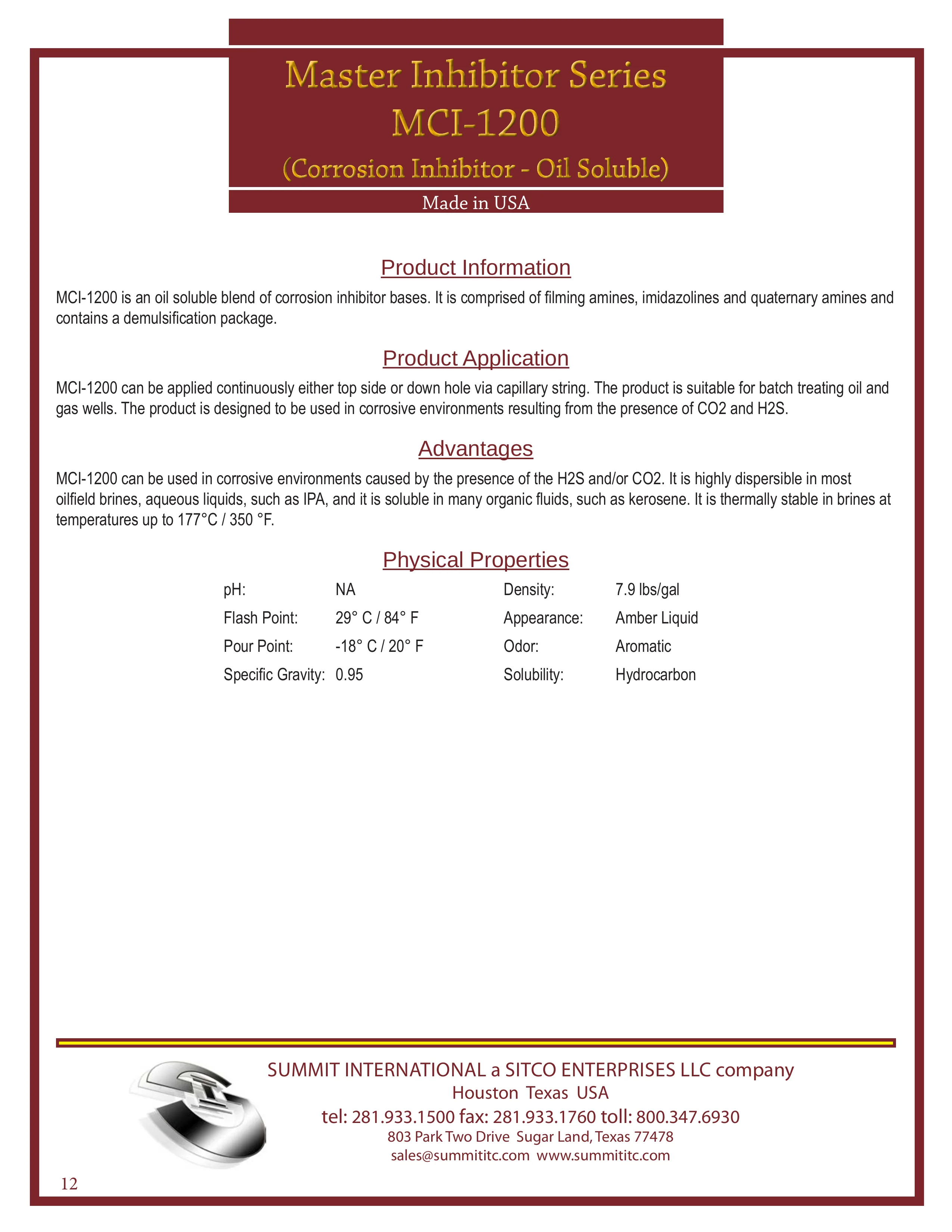 Master Corrosion Inhibitor — Oil Soluble MCI-1200 catalog spec sheet