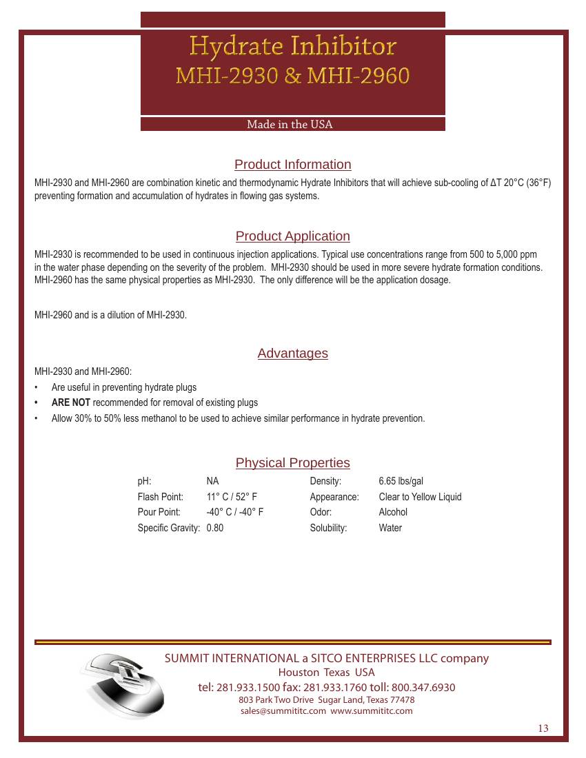 Hydrate Inhibitor MHI-2930 & MHI-2960 catalog spec sheet
