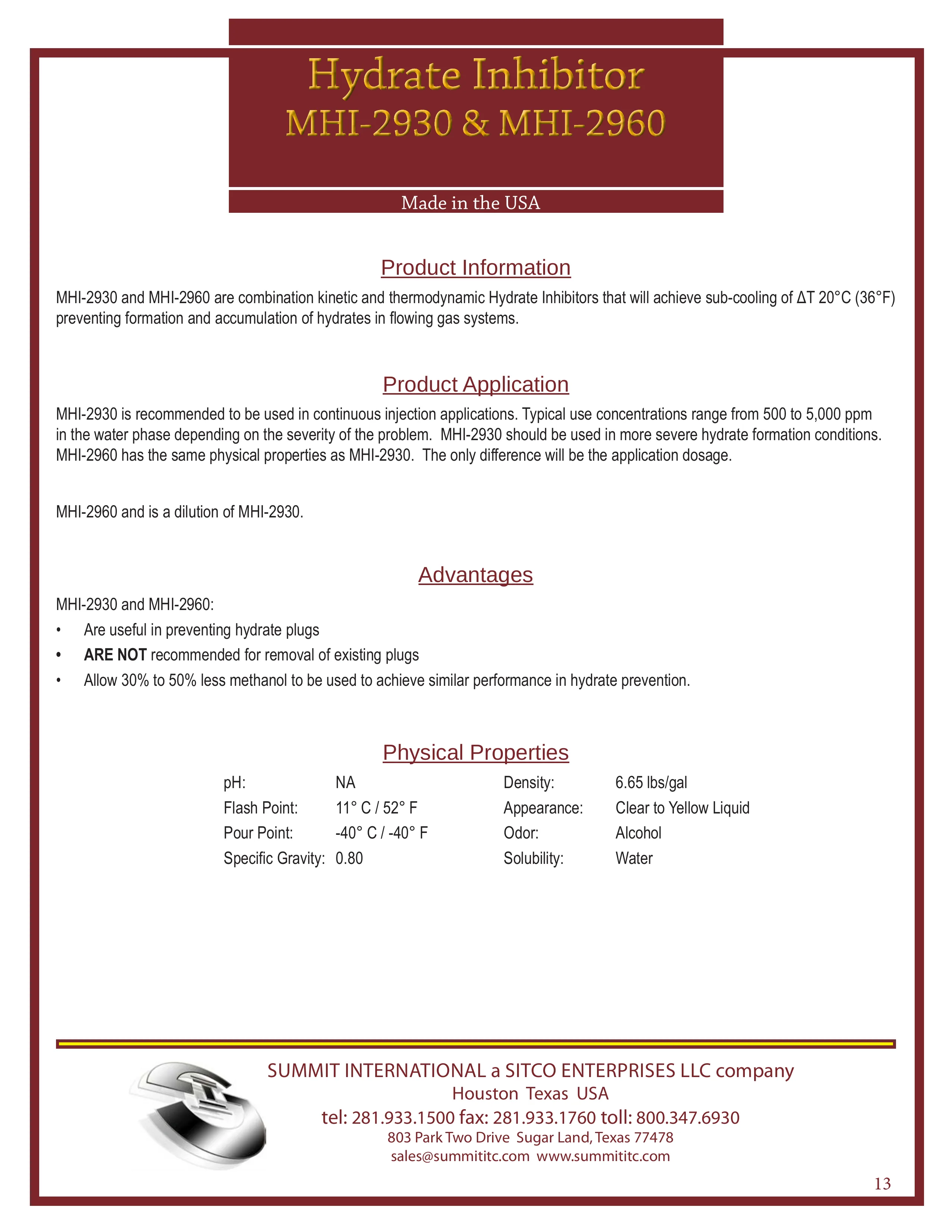 Hydrate Inhibitor MHI-2930 & MHI-2960 catalog spec sheet