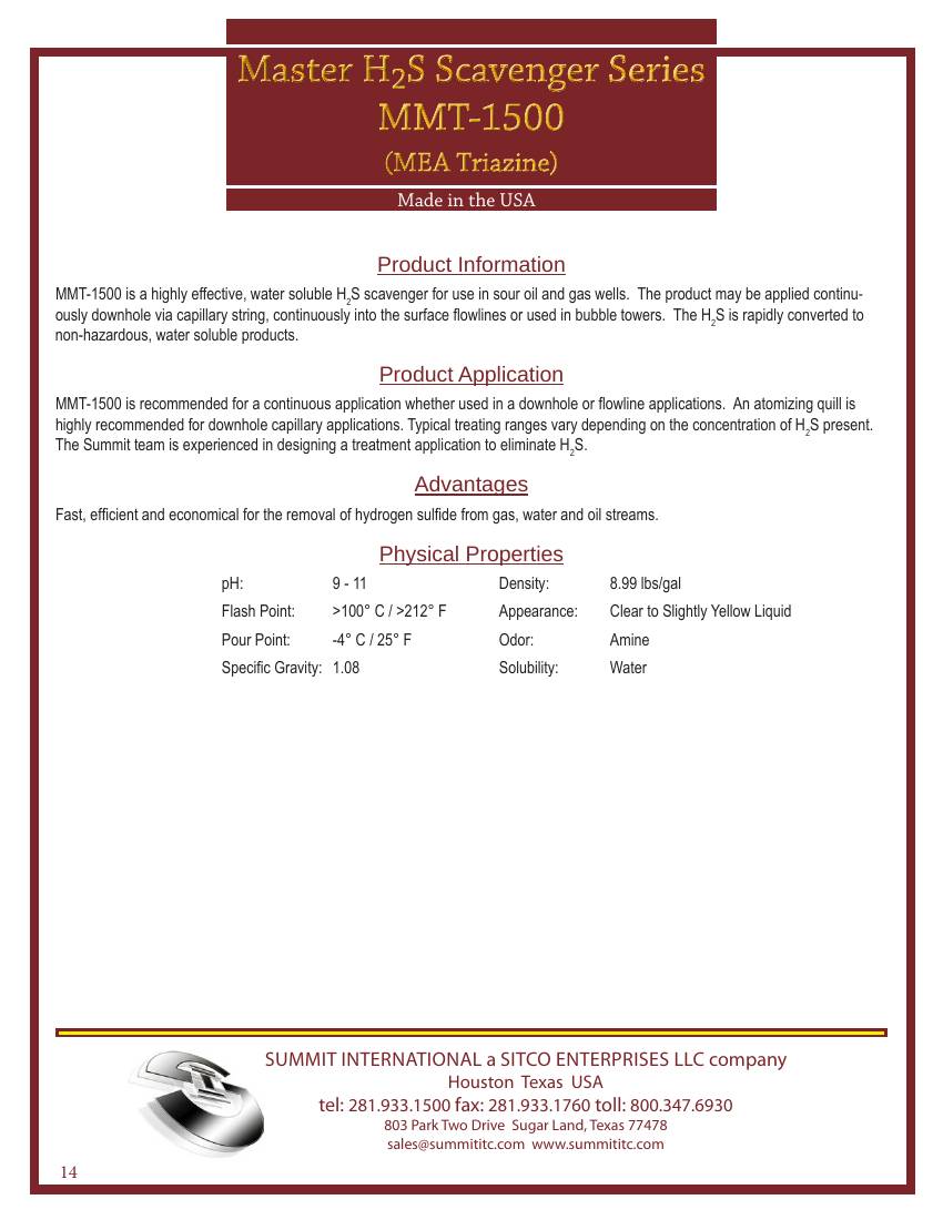 Master H₂S Scavenger — MEA Triazine MMT-1500 catalog spec sheet