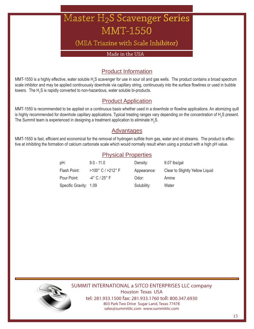 Master H₂S Scavenger — MEA Triazine with Scale Inhibitor MMT-1550 catalog spec sheet