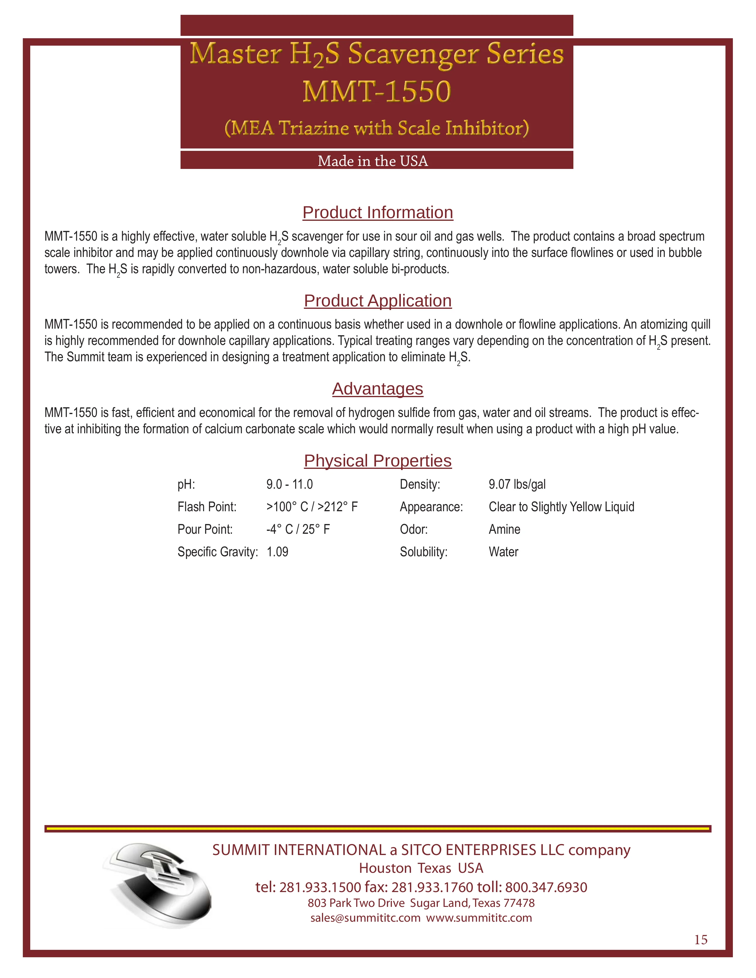 Master H₂S Scavenger — MEA Triazine with Scale Inhibitor MMT-1550 catalog spec sheet
