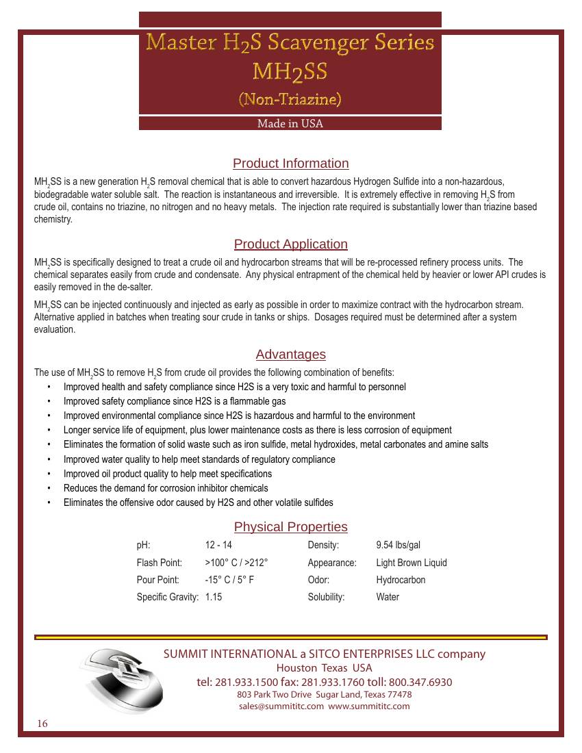 Master H₂S Scavenger — Non-Nitrogen Non-Triazine MH₂SS catalog spec sheet