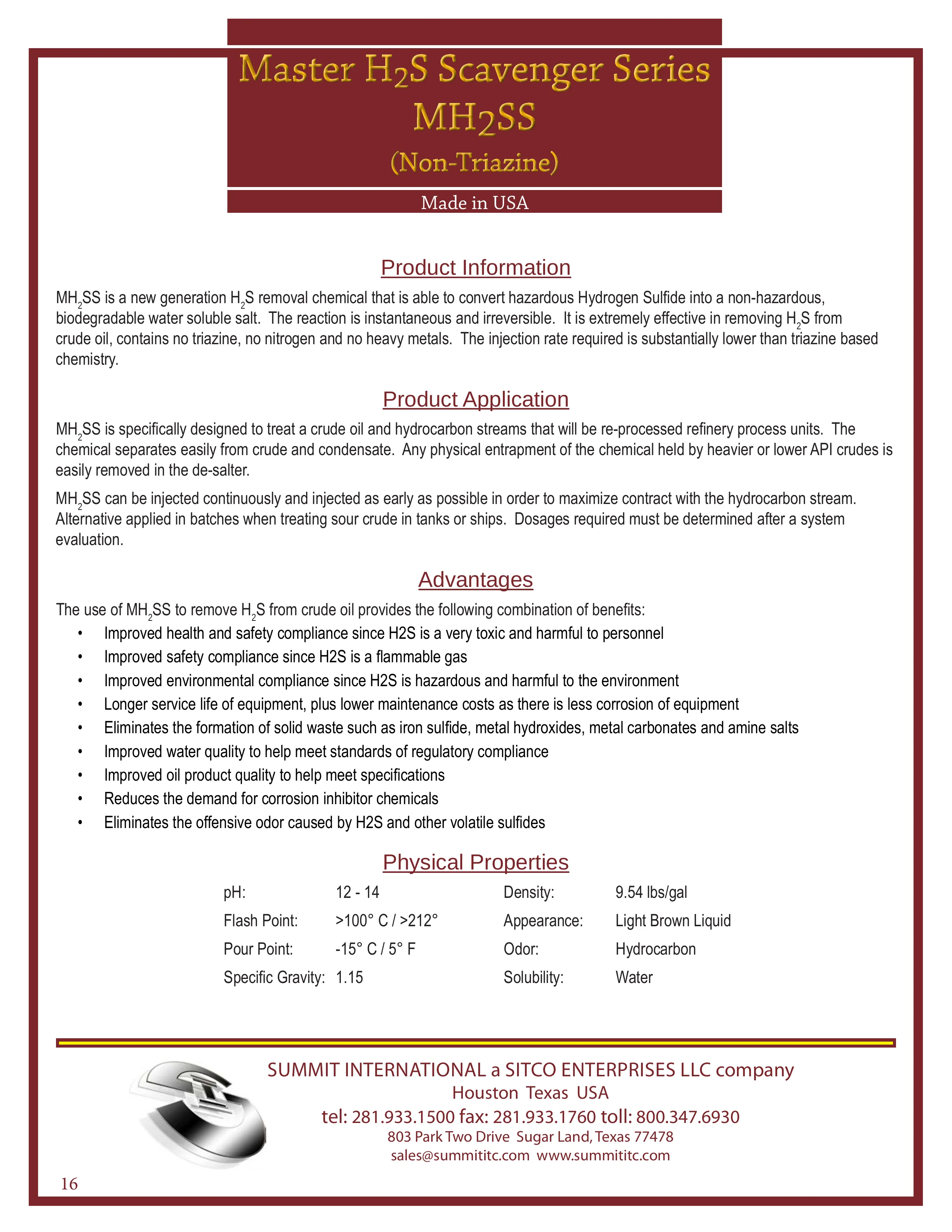 Master H₂S Scavenger — Non-Nitrogen Non-Triazine MH₂SS catalog spec sheet