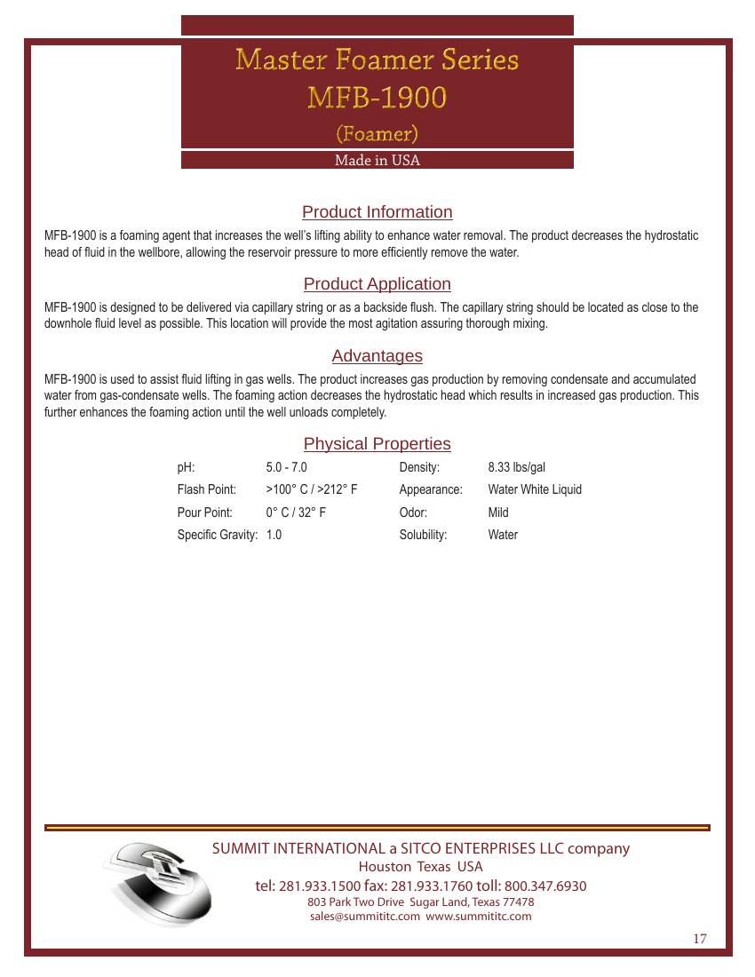 Master Foamer MFB-1900 catalog spec sheet