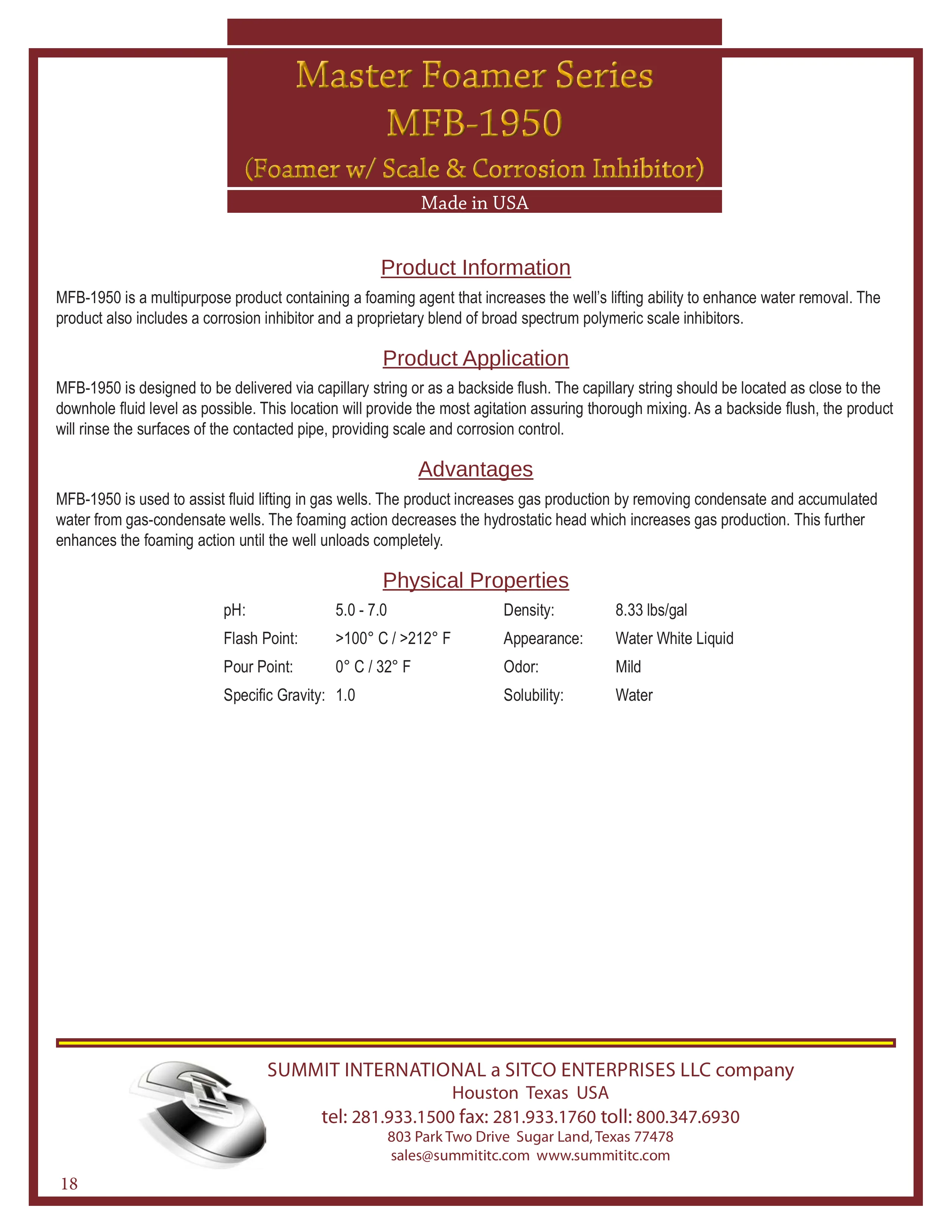 Master Foamer w/ Scale & Corrosion Inhibitor MFB-1950 catalog spec sheet