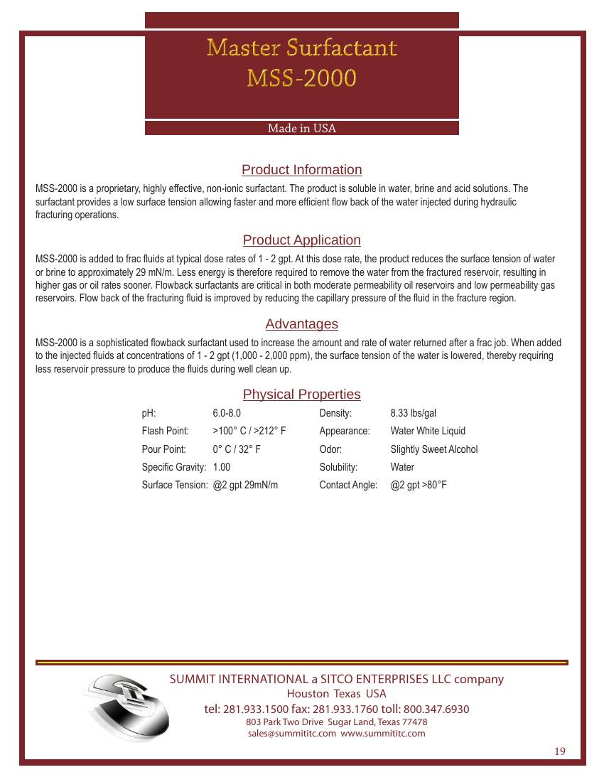 Master Surfactant MSS-2000 catalog spec sheet