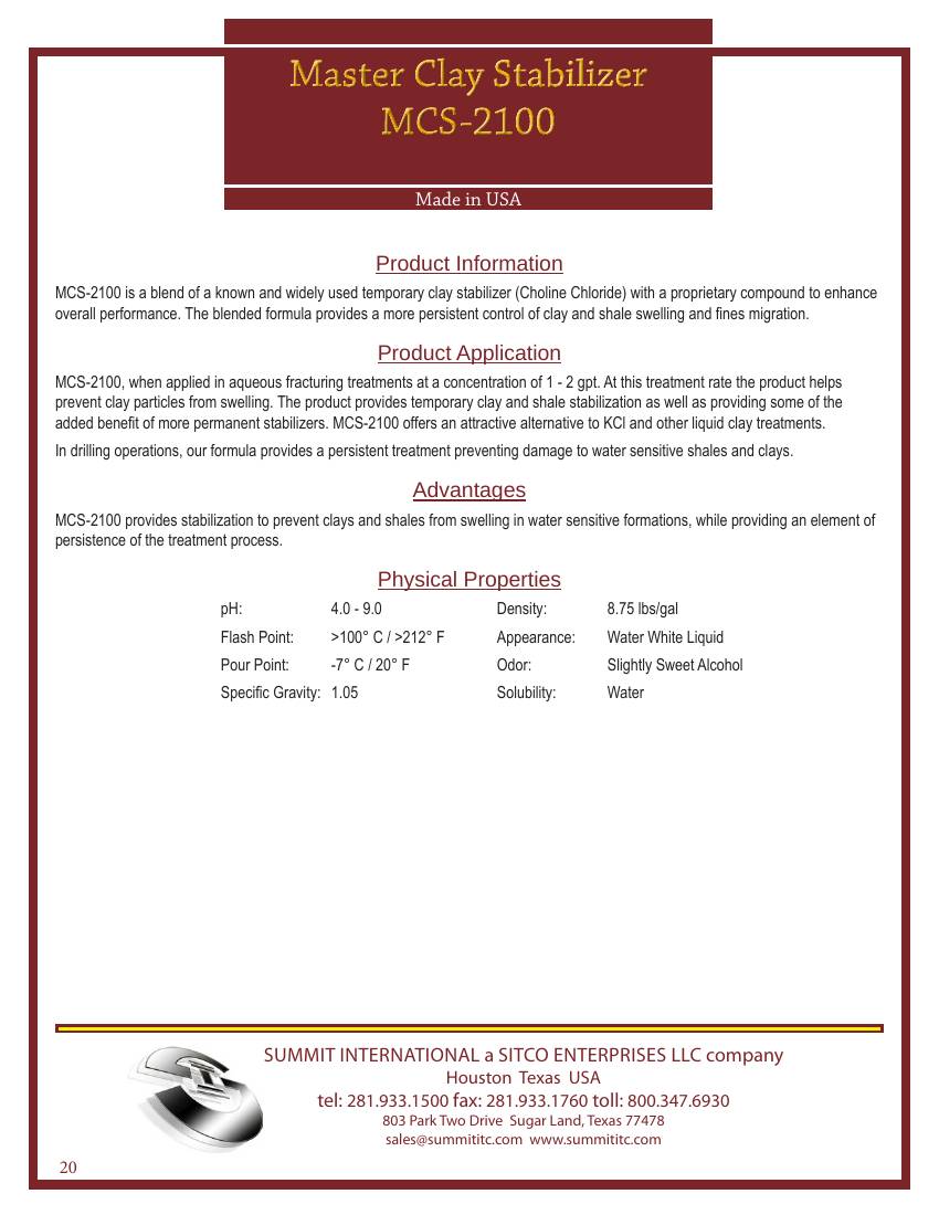 Master Clay Stabilizer MCS-2100 catalog spec sheet