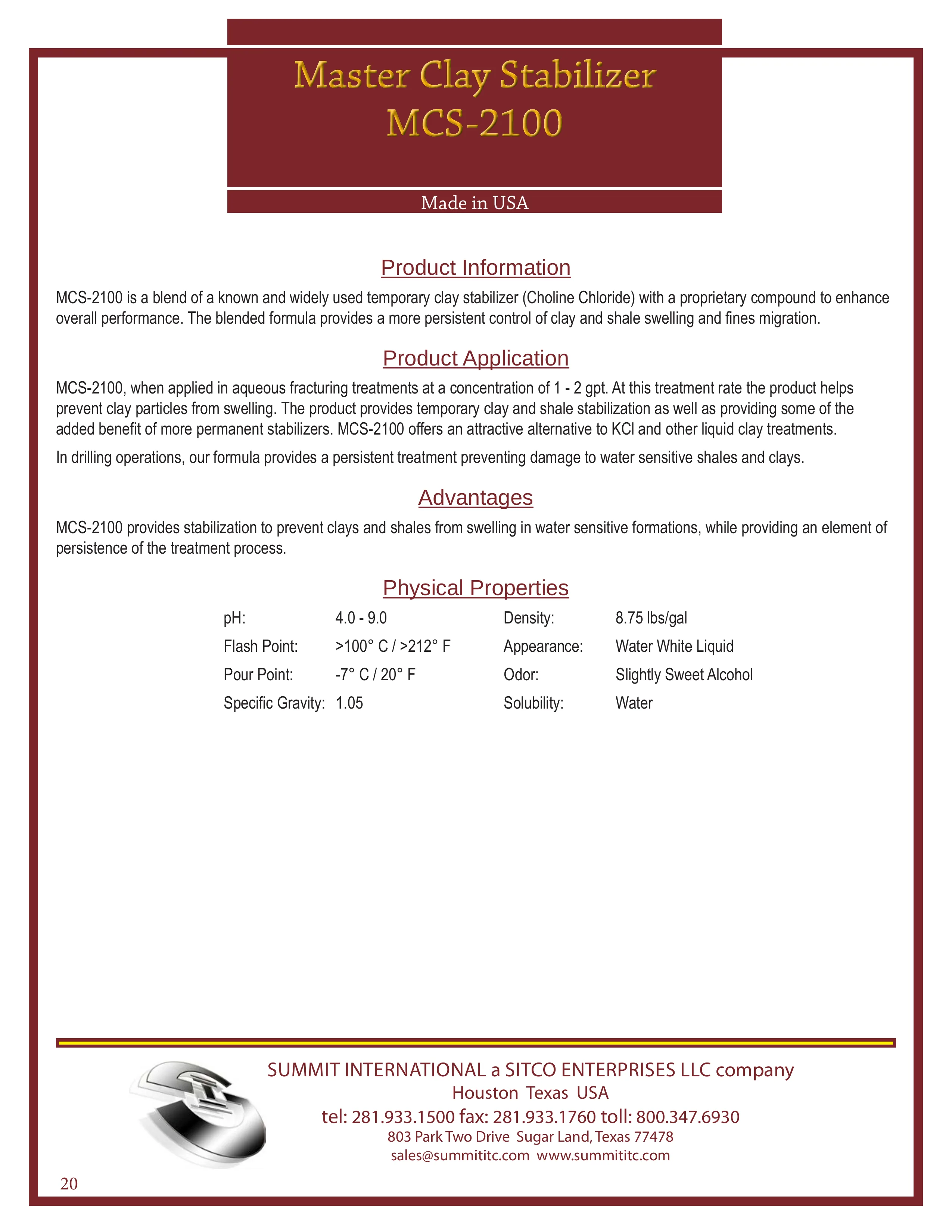 Master Clay Stabilizer MCS-2100 catalog spec sheet