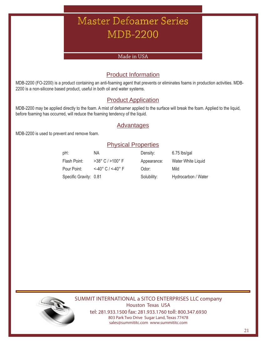 Master Defoamer MDB-2200 catalog spec sheet