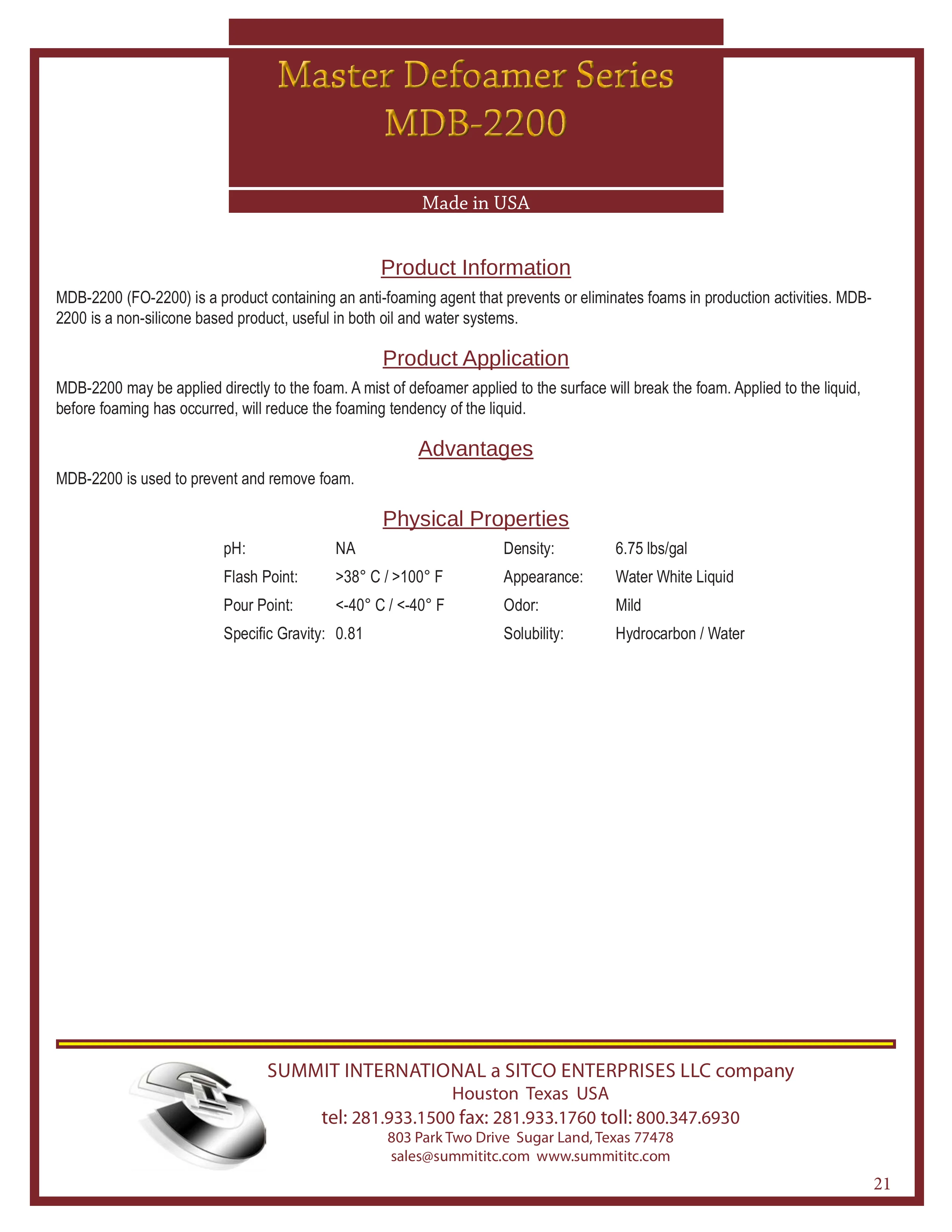 Master Defoamer MDB-2200 catalog spec sheet