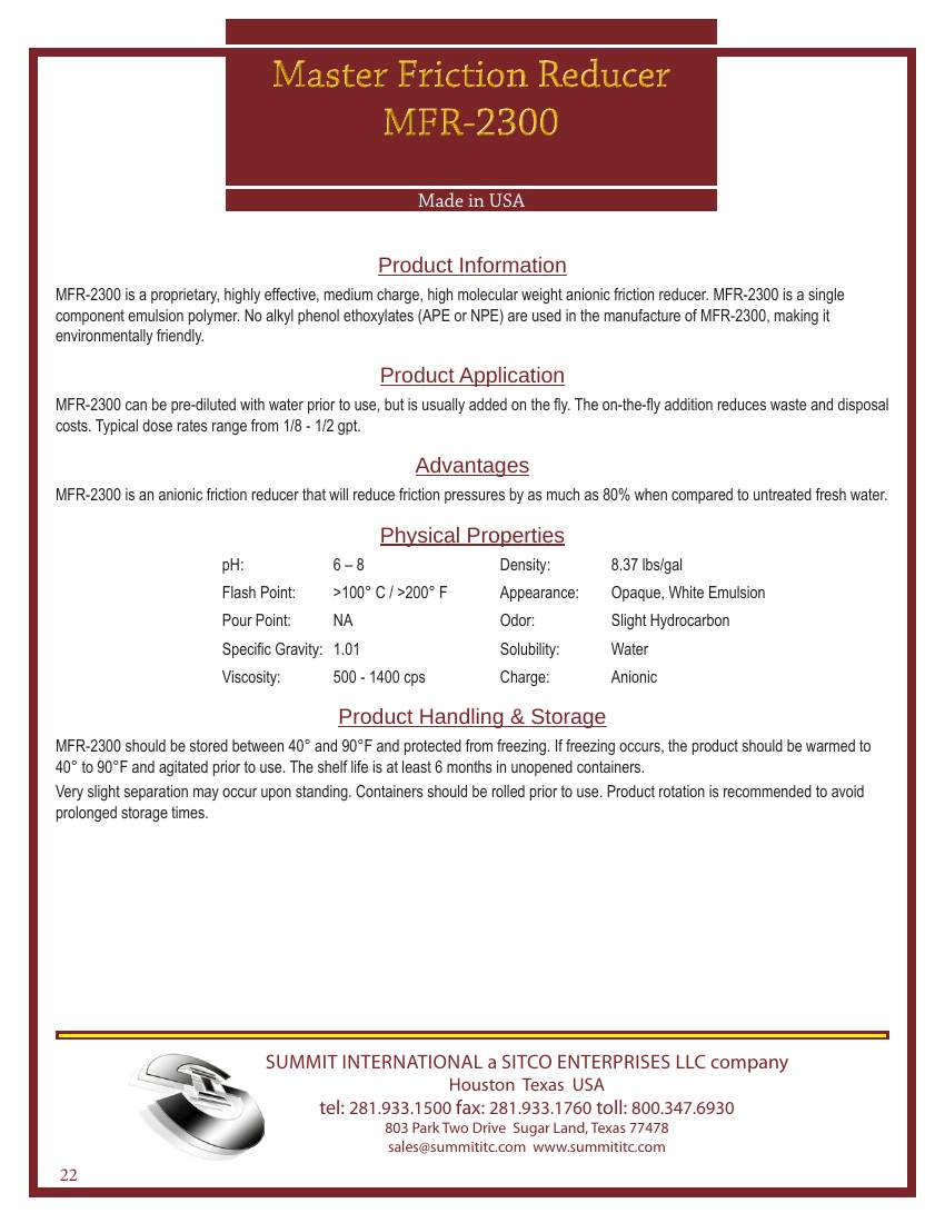 Master Friction Reducer MFR-2300 catalog spec sheet