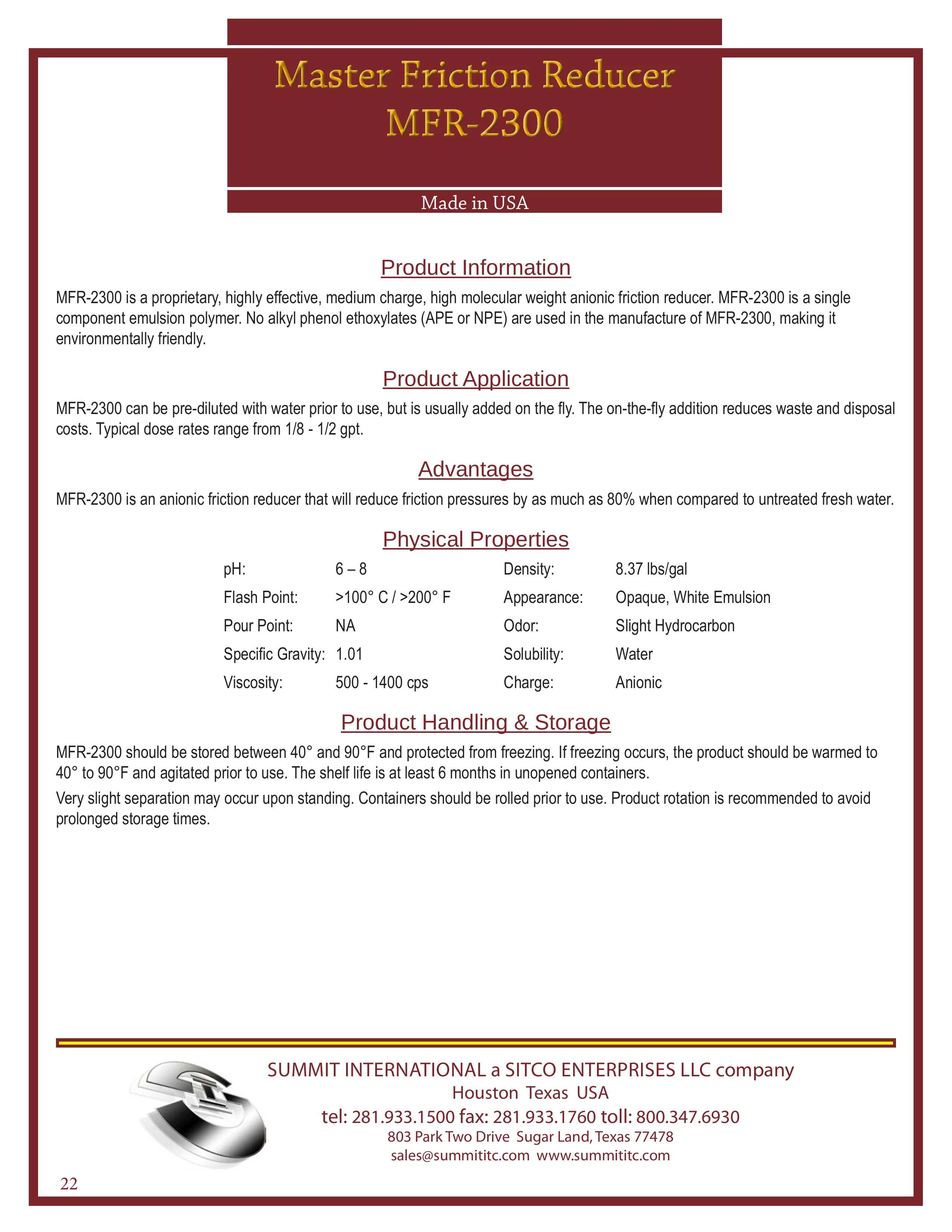 Master Friction Reducer MFR-2300 catalog spec sheet
