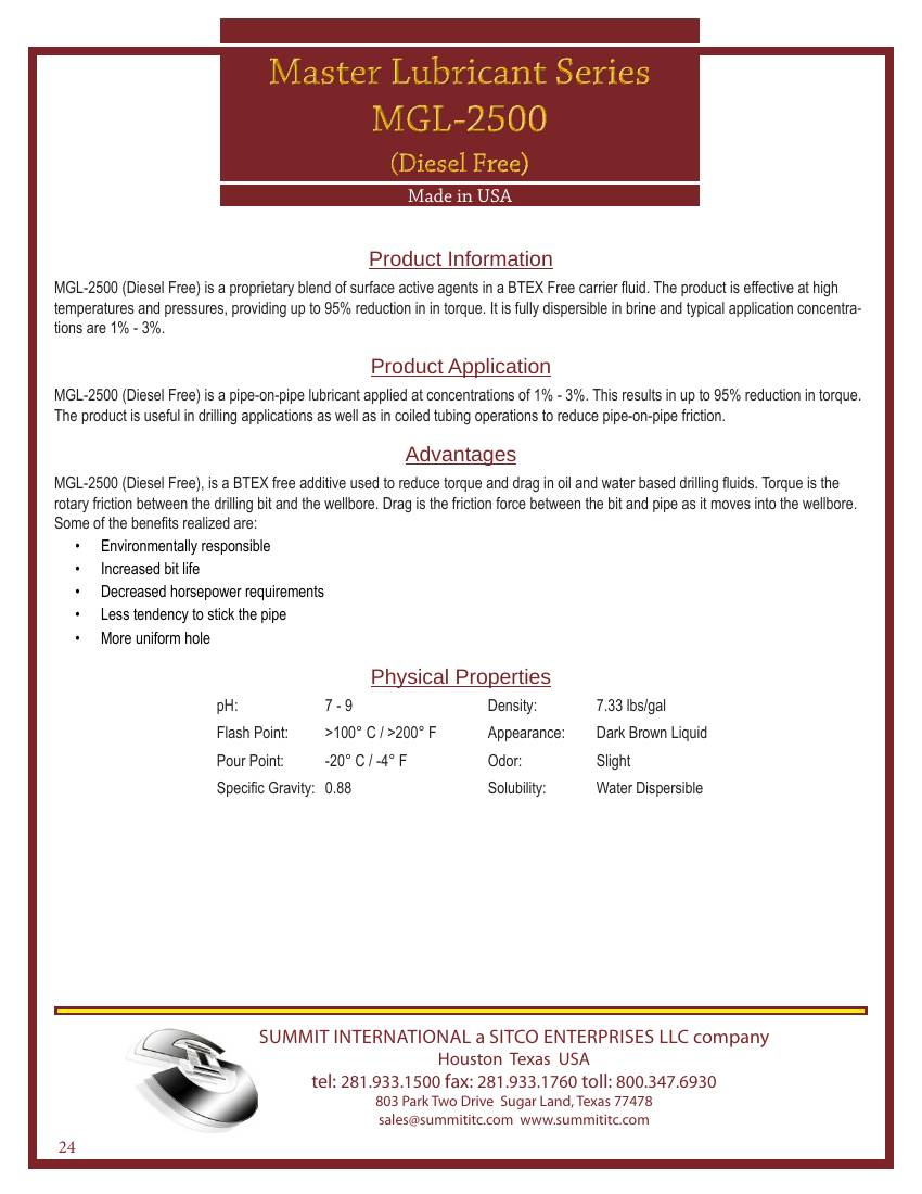 Master Lubricant — Diesel Free MGL-2500 catalog spec sheet