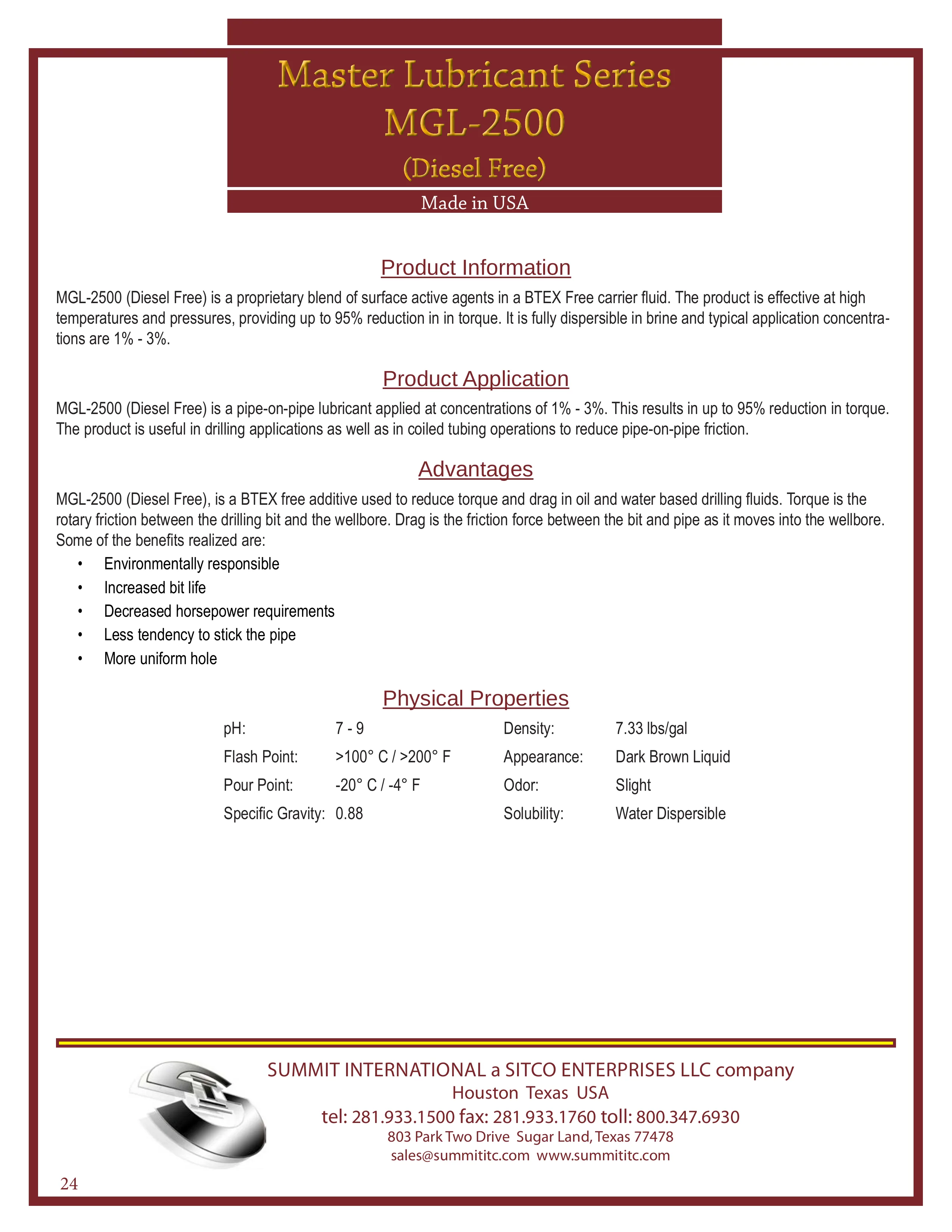 Master Lubricant — Diesel Free MGL-2500 catalog spec sheet