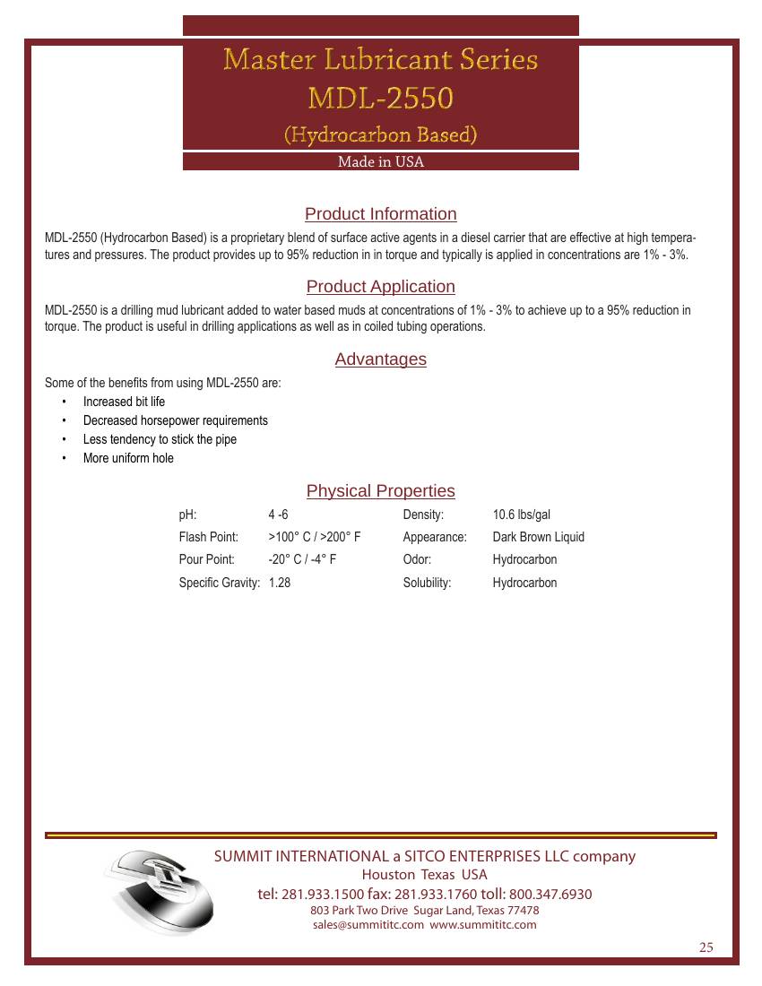 Master Lubricant — Hydrocarbon Based MDL-2550 catalog spec sheet