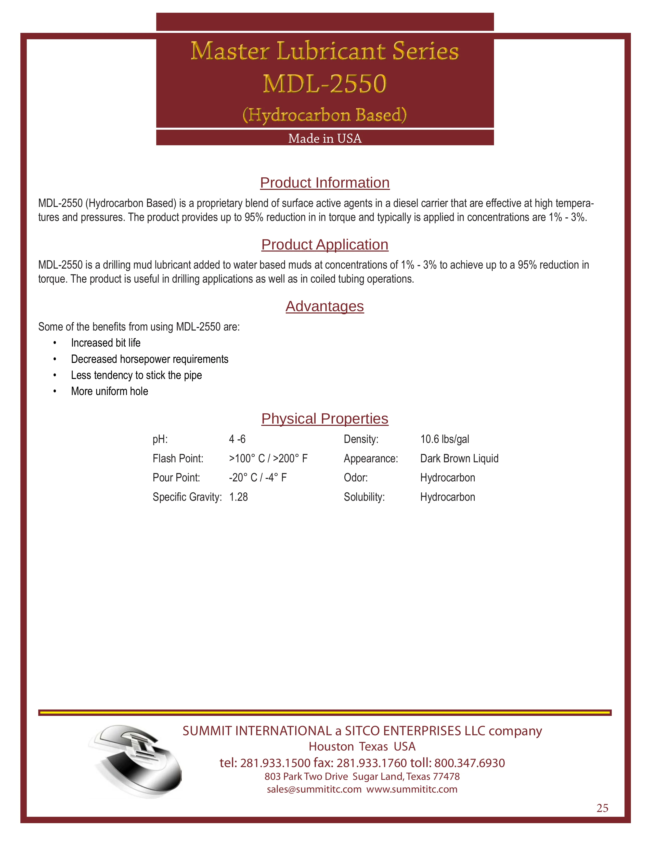 Master Lubricant — Hydrocarbon Based MDL-2550 catalog spec sheet