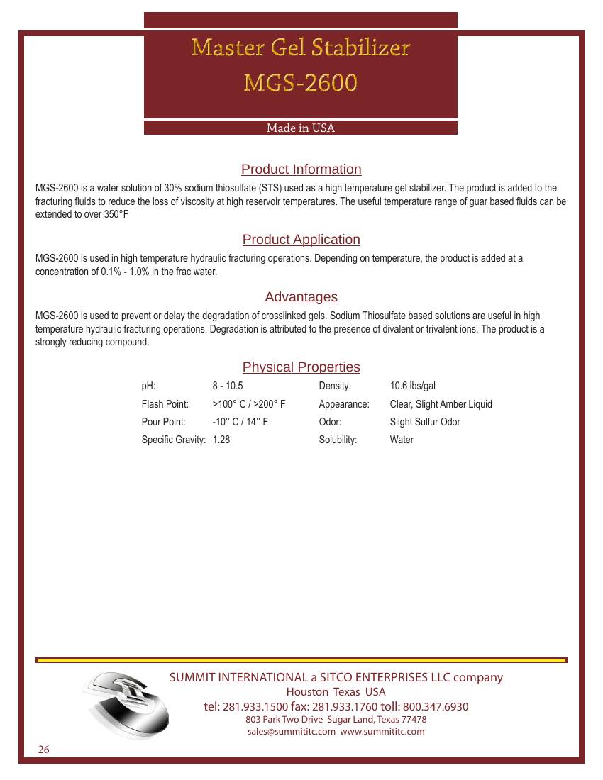 Master Gel Stabilizer MGS-2600 catalog spec sheet