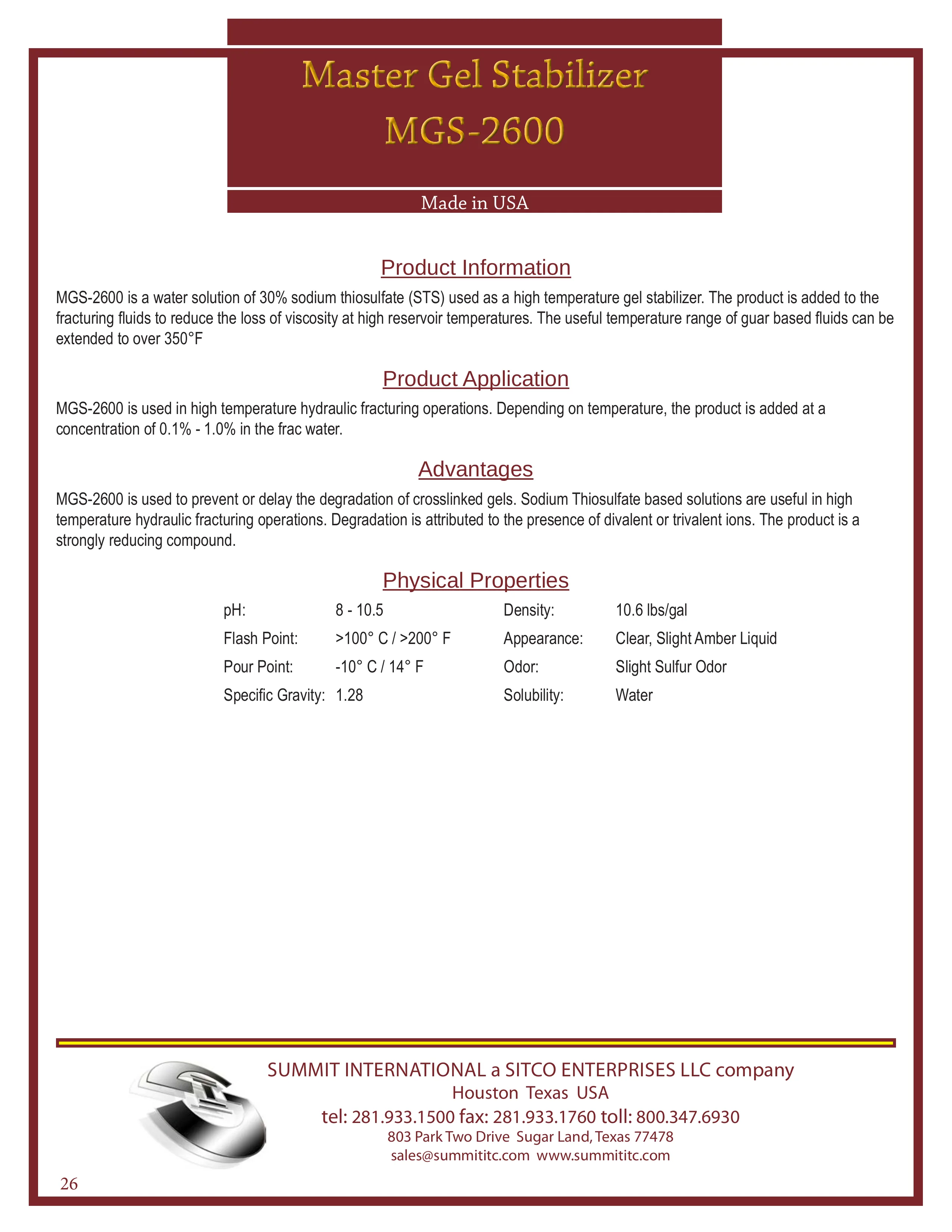 Master Gel Stabilizer MGS-2600 catalog spec sheet