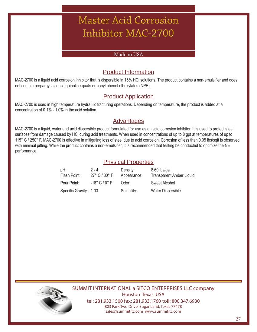 Master Acid Corrosion Inhibitor MAC-2700 catalog spec sheet