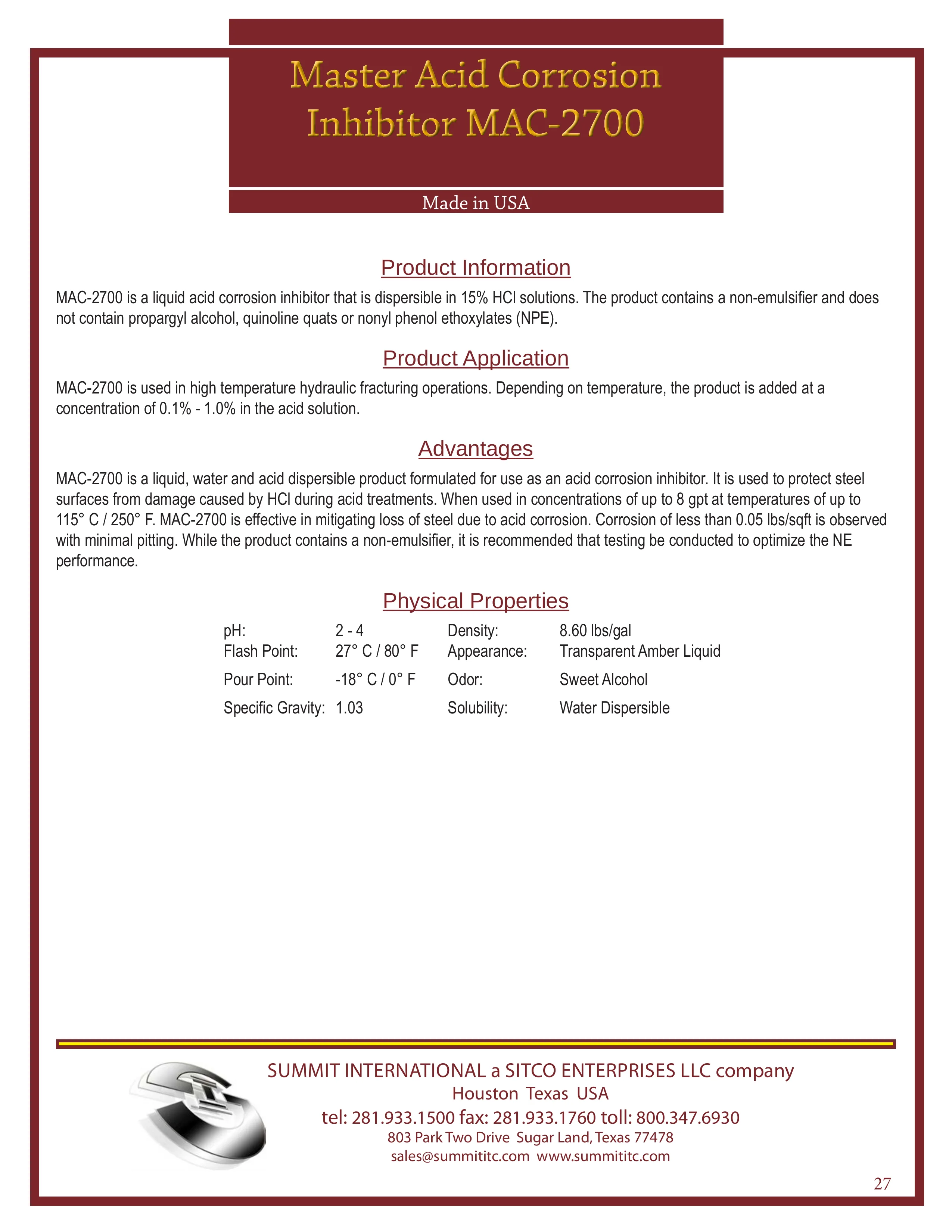 Master Acid Corrosion Inhibitor MAC-2700 catalog spec sheet