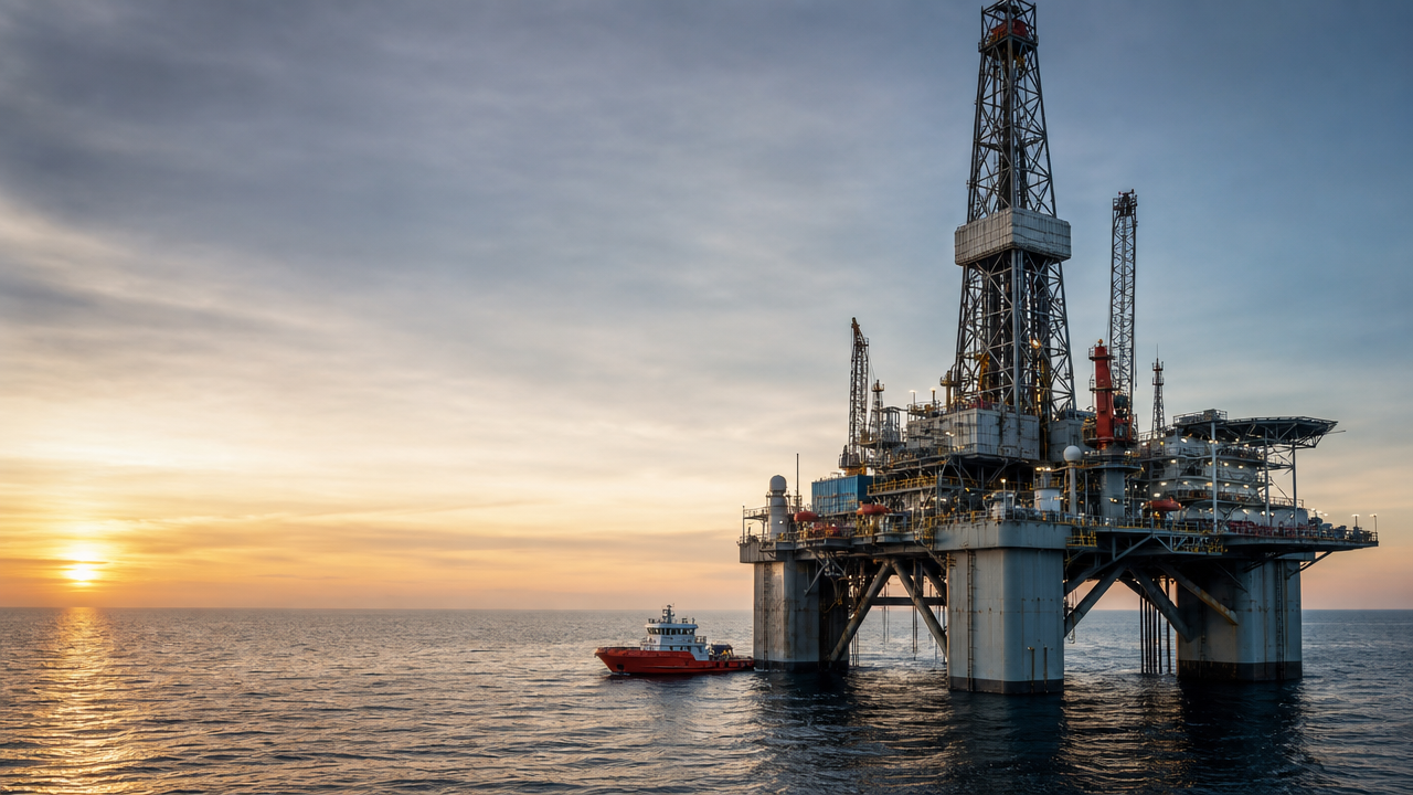 Offshore drilling platform and supply vessel at dawn