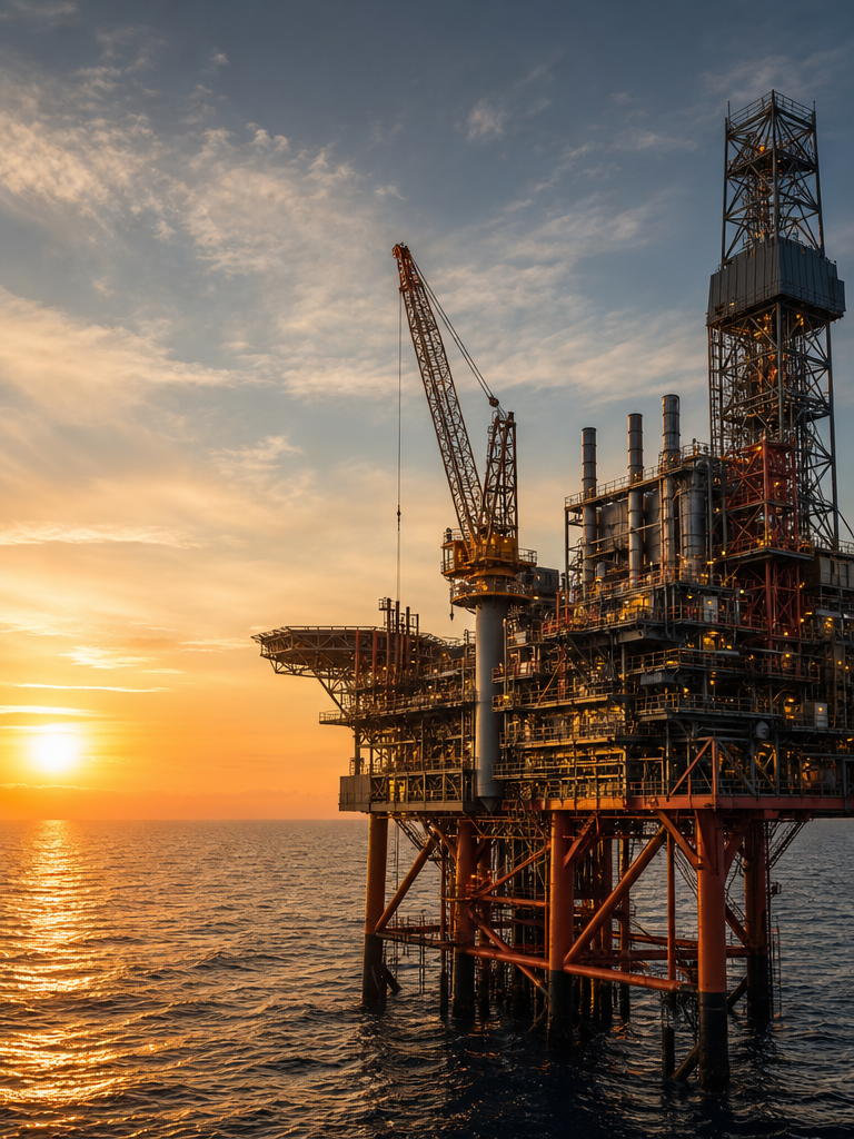 Offshore production platform at golden hour
