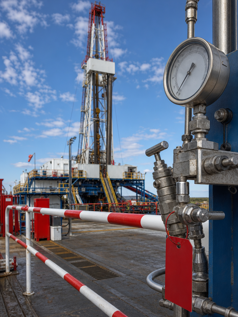 Pressure gauge and drilling rig inspection scene