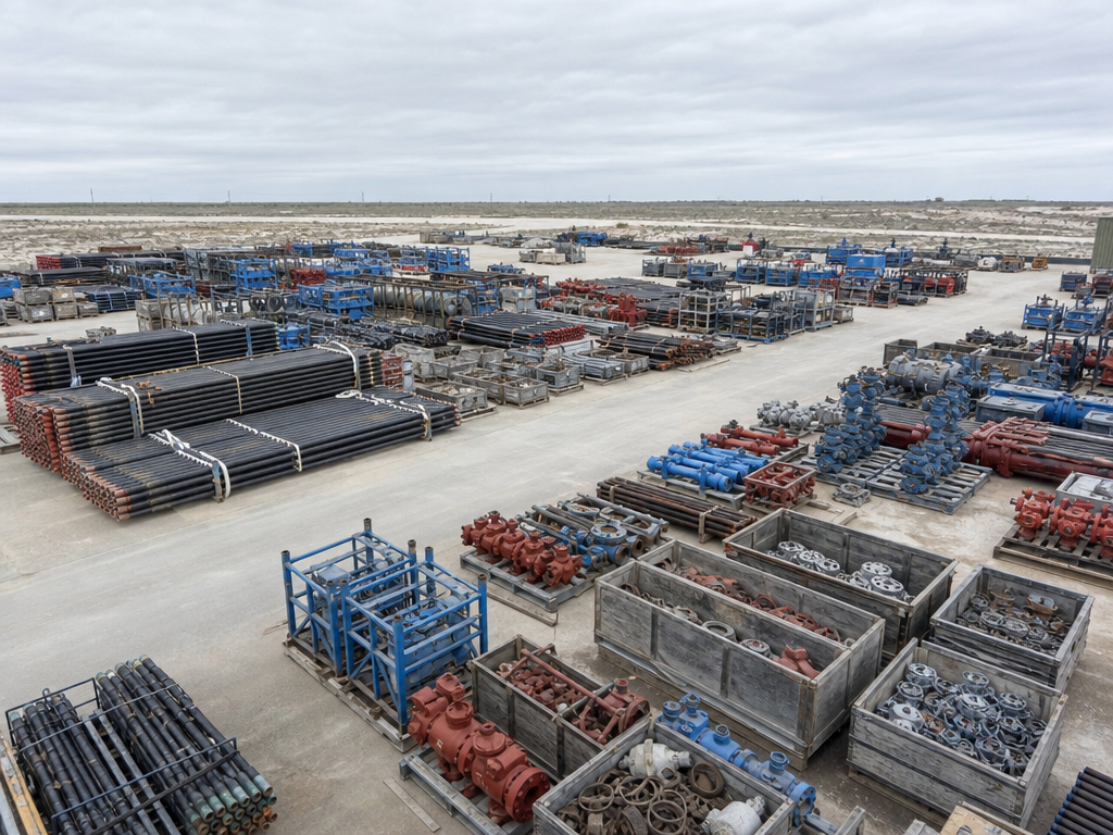Organized oilfield supply yard with tubulars and valves