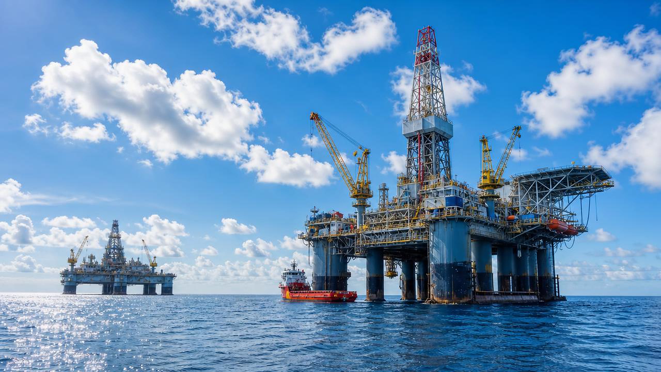Offshore oil rigs in bright daylight under a blue sky