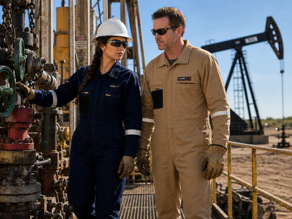 Two Summit oilfield workers in FR coveralls working together at a rig